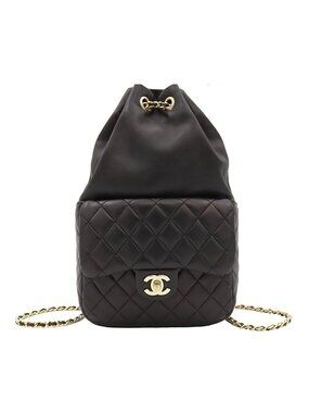 Chanel Backpack Quilted Chain Drawstring Black Gold Lambskin